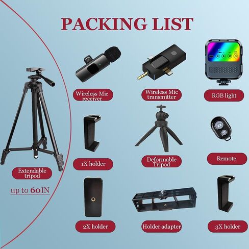 Vlogging Kit for iPhone,Vlogging Kit for Andriod Phone,Vlogging Camera Kit,with Tripod 60" / Multiple Holders/RGB Light/Lavalier Mic/Remote in Saudi Arabia