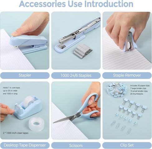 Skydue Purple Desk Accessories ، مجموعة لوازم المكاتب الأرجواني ، دباسة ، موزع الشريط ، مقص ، مقاطع من الموثق/الورق و 1000pcs Staples ، اللوازم المكتبية للنساء in Kuwait