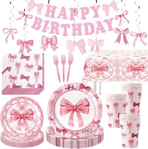 Pink Bow Birthday Party Supplies, Coquette Birthday Decorations Serve 24, Includes Pink Bow Banner Plates Napkins Tablecloth Bow Theme Tableware Party Supplies Girls Party Decor in Saudi Arabia