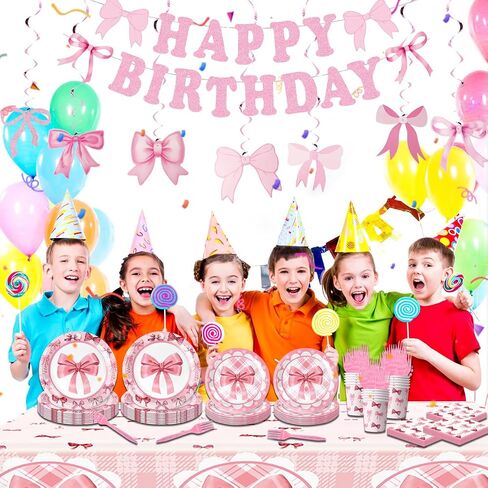 Pink Bow Birthday Party Supplies, Coquette Birthday Decorations Serve 24, Includes Pink Bow Banner Plates Napkins Tablecloth Bow Theme Tableware Party Supplies Girls Party Decor in Saudi Arabia