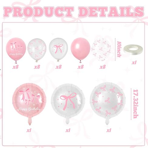 43Pcs Pink Bow Balloons Party Decorations - Coquette Bow Birthday Decorations Pink and White Themed Birthday Balloons for Girls Baby Shower,Bachelorette Party Supplies in Kuwait