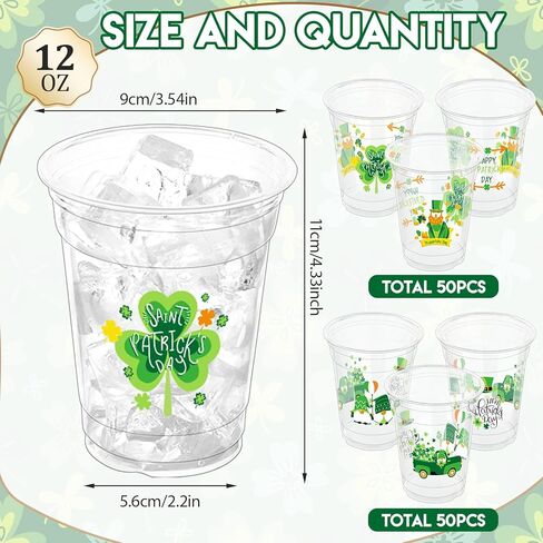 100 Pcs St. Patrick's Day Party Cups,12 oz St. Patrick Disposable Clear Plastic Cups Irish Green St Patrick's Day Party Lucky Clover Cups for St. Patrick Irish Birthday Party Irish Party Supplies in Kuwait