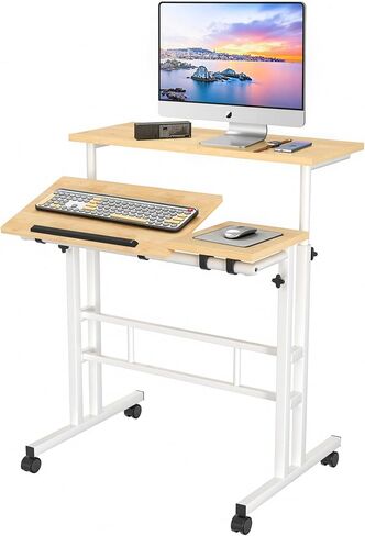 VECELO Small Mobile Standing Desk 24 Inch, Adjustable Height Portable Stand Up Desk with Wheels Computer Workstations, Rolling Laptop Cart, Oak in Kuwait
