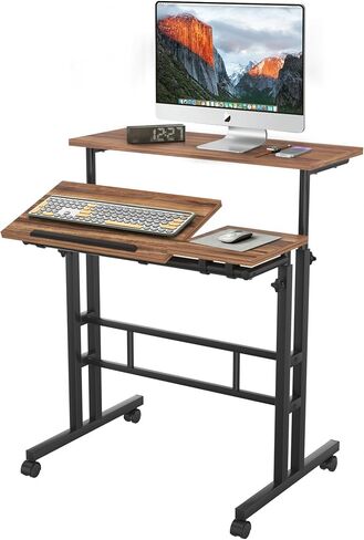 VECELO Small Mobile Standing Desk 24 Inch, Adjustable Height Portable Stand Up Desk with Wheels Computer Workstations, Rolling Laptop Cart, Oak in Saudi Arabia