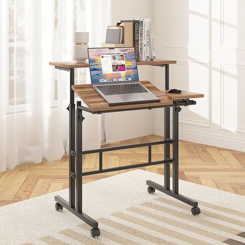 VECELO Small Mobile Standing Desk 24 Inch, Adjustable Height Portable Stand Up Desk with Wheels Computer Workstations, Rolling Laptop Cart, Oak in Saudi Arabia