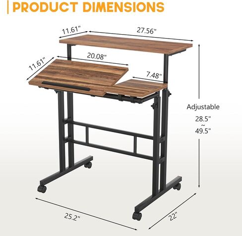 VECELO Small Mobile Standing Desk 24 Inch, Adjustable Height Portable Stand Up Desk with Wheels Computer Workstations, Rolling Laptop Cart, Oak in Saudi Arabia