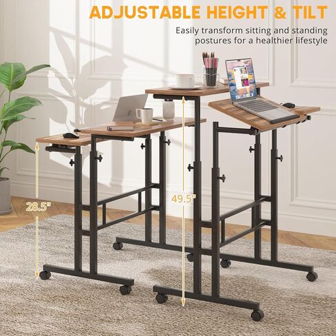 VECELO Small Mobile Standing Desk 24 Inch, Adjustable Height Portable Stand Up Desk with Wheels Computer Workstations, Rolling Laptop Cart, Oak in Saudi Arabia