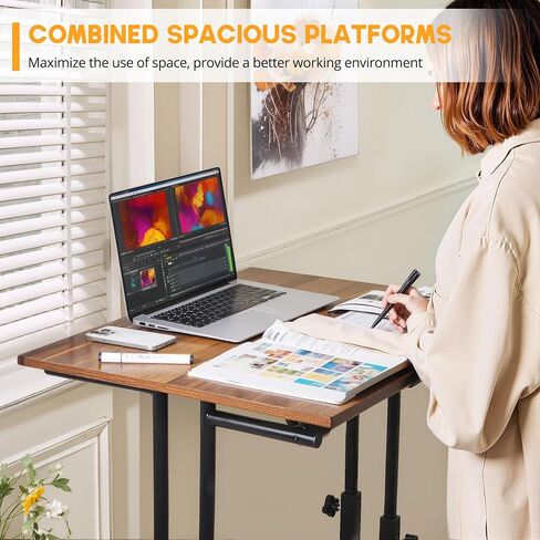 VECELO Small Mobile Standing Desk 24 Inch, Adjustable Height Portable Stand Up Desk with Wheels Computer Workstations, Rolling Laptop Cart, Oak in Saudi Arabia