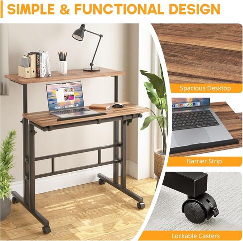 VECELO Small Mobile Standing Desk 24 Inch, Adjustable Height Portable Stand Up Desk with Wheels Computer Workstations, Rolling Laptop Cart, Oak in Saudi Arabia