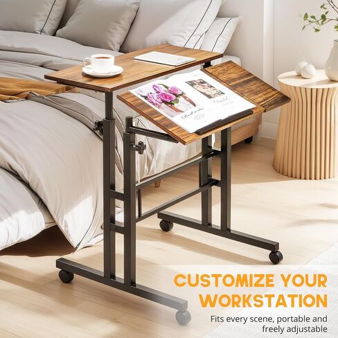VECELO Small Mobile Standing Desk 24 Inch, Adjustable Height Portable Stand Up Desk with Wheels Computer Workstations, Rolling Laptop Cart, Oak in Saudi Arabia