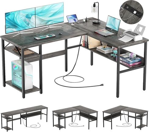 Reversible L Shaped Gaming Desk with Power Outlets and USB Charging Ports, Sturdy Computer Desks with Storage Shelf, Modern Corner Desk Home Office Table, Easy to Assemble, White in Saudi Arabia
