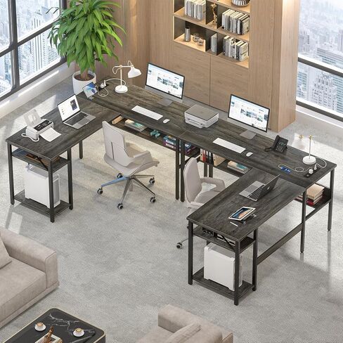 Reversible L Shaped Gaming Desk with Power Outlets and USB Charging Ports, Sturdy Computer Desks with Storage Shelf, Modern Corner Desk Home Office Table, Easy to Assemble, White in Saudi Arabia