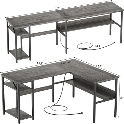 Reversible L Shaped Gaming Desk with Power Outlets and USB Charging Ports, Sturdy Computer Desks with Storage Shelf, Modern Corner Desk Home Office Table, Easy to Assemble, White in Saudi Arabia
