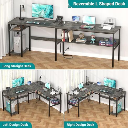 Reversible L Shaped Gaming Desk with Power Outlets and USB Charging Ports, Sturdy Computer Desks with Storage Shelf, Modern Corner Desk Home Office Table, Easy to Assemble, White in Saudi Arabia