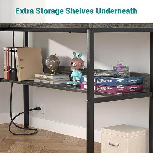 Reversible L Shaped Gaming Desk with Power Outlets and USB Charging Ports, Sturdy Computer Desks with Storage Shelf, Modern Corner Desk Home Office Table, Easy to Assemble, White in Saudi Arabia