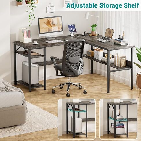 Reversible L Shaped Gaming Desk with Power Outlets and USB Charging Ports, Sturdy Computer Desks with Storage Shelf, Modern Corner Desk Home Office Table, Easy to Assemble, White in Saudi Arabia