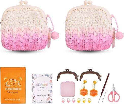 KANALOA Crochet Kits for Beginners - Handmade Craft DIY Knitting Set with Yarn,Hooks,Video Tutorials - Nice Gifts for Adults,Women - Mini Vintage Kisslock Wallet Coin Change Purses Pouch Storage Bag in Kuwait