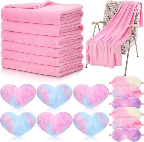 18 Pcs Kids Sleepover Party Supplies Set for Girls Fleece Soft Blankets Fluffy Heart Throw Pillow Plush Sleep Eye Mask for Spa Camping Birthday Favors(Light Pink) in Saudi Arabia
