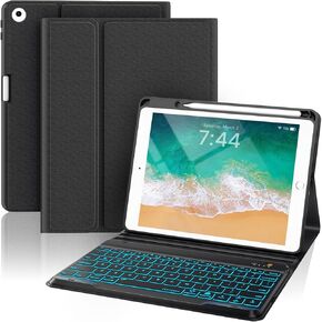 Keyboard Case for iPad 6th Generation 9.7 Inch 2018, 7-Color Backlit Detachable Wireless with Pencil Holder, Stand Folio Cover for Air 2/5th Generation 2013/2017, Black