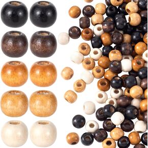 100pcs Large Hole Wooden Beads for Crafts, Vintage Round Natural Wood Hair Bead, 5 Colors 9X10mm Wooden Loose Spacer for Macrame Necklace Bracelet Hair DIY Craft Handmade Decor