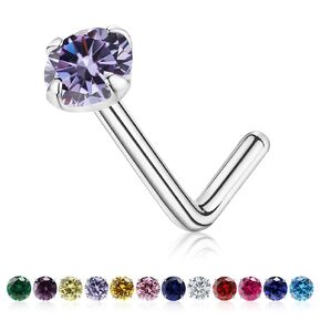 3mm Birthstone Nose Stud 20g Round Tiny CZ Nose Piercing Jewelry For Women Men, S925 Silver Hypoallergenic Nose Stud, L Shaped Handmade Nose Rings (Silver, June Violet)