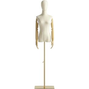 Female Mannequin Dress Form Torso, Display Mannequin Body with Detachable Head, Wooden Hands and Golden Adjustable Height Stand, for Dress Jewelry Display, Beige (Gold)