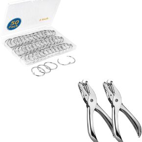 50 Pack Binder Rings 1 Inch, Loose Leaf Binder Rings for Index Cards + 2 Pieces Small Single Hole Punch, 1/4 Inch One Hole Paper Punch with 8 Sheet Capacity