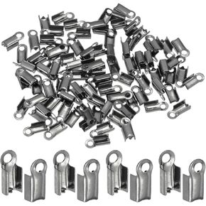 HARFINGTON 100pcs Fold Over Cord Ends 3mm Brass Crimp Cap Clasp Tips for DIY Leather Ribbon Craft Making, Silver Tone
