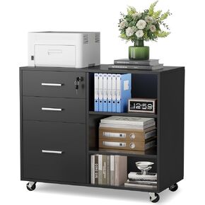 Furmax 3 Drawer Mobile File Cabinet, Wood Lateral Filing Cabinet with 4 Wheels & Adjustable Shelves, Printer Stand Storage Organizer for Office Home