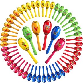 Jenaai 48 Pcs Mini Wooden Fiesta Maracas 6 Designs Noisemaker for Mexican Fiesta, Cinco De Mayo, Musical Fun, Birthday Parties, Luau Party, Carnivals, Taco Tuesday Event