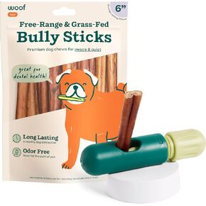 WOOF BullySafe and Bully Sticks - Nutritious Chew Sticks for Dogs and Bully Stick Holder for Safe, Long-Lasting Play - No More Swallowed Ends - 6" Sticks - 5 Pack