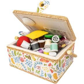 Medium Sewing Basket Organizer with Complete Sewing Kit Accessories Included - Wooden Sewing Box Kit with Removable Tray and Tomato Pincushion for Sewing Mending - White