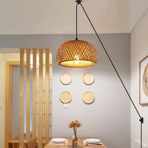 COSYLUX Farmhouse Plug in Pendant Light Fixture for Bedroom Living Room, Adjustable Handmade Bamboo Rustic Ceiling Hanging Lamp for Dining Room, Kitchen Island, Entryway (no Bulbs)