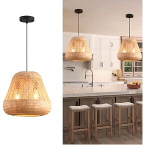 2-Lights Rattan Pendant Light Ceiling Handmade Rattan Woven Wicker Boho Chandelier Light Fixture Kitchen Island Bedroom Living Room Dining Room Farmhouse Adjustable Height