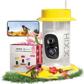 HIXX Smart Hummingbird Feeder with Camera Solar Powered, with Ant Moat & Bee Proof AI Bird Recognition, Easy Clean & Refill, with Coolfly Birdwatching APP, Ideal Gifts for Hummingbird Lover (17.5 oz)