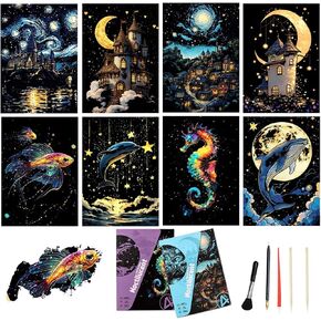 8 أوراق خدش فن Noctilucent Rainbow Paper Paper Scratch Paint Art Paints By Scratch Kit for Arts and Crafts Gift （Animal Elf）