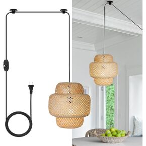 HuisMier Dimmable Plug in Pendant Light Rattan Hanging Lights with 15 Ft Plug in Cord, Handmade Bamboo Lampshade Boho Hanging Light Fixture for Kitchen Island Dining Room Bedroom