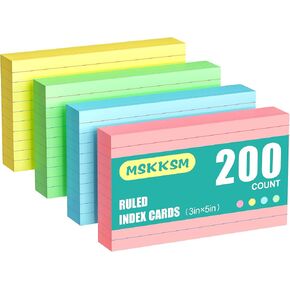 Colored Index Cards 3x5 Inch - 200 Pack, Ruled Index Flash Cards for Studying, Lined Index Note Cards 3" x 5" with Colorful, Heavy Colored Flashcards 3x5 Notecards for Office, Home and School Supplies