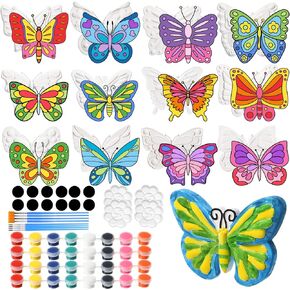 Arrowbash 12 Sets Butterfly Painting Kit Summer Ceramic to Paint Your Own Butterfly Unpainted Paintable Ceramics with 12 Magnet 8 Brushes and 4 Palette Spring DIY Arts and Crafts for Party Adults