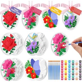 DoubleFill 24 Pack Mother's Day Flower Ceramics to Paint Craft Kits Gifts Bulk Floral Your Own Ornaments Unpainted Plaster Hanging Figurines Paint Strips Brushes Ribbons Tag for Classroom School