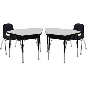 طاولة FDP Petal Open Front Desk (24 × 36 بوصة) ، مربع كتب للمستلزمات المدرسية للفصول الدراسية ، أرجل الدوارة القياسية القابلة للتعديل (19-30 بوصة) مع كرسي متماسد من الدوران (2-PK/4-PC)-رمادي/أسود