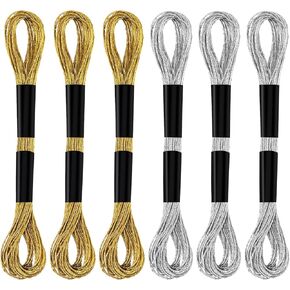 6 Skeins Embroidery Threads, Metallic Embroidery Floss Friendship Bracelet Cross Stitch Thread for Sewing Making Yarn Accessories Craft String Art Supplies (Gold+Light Gold+Silver)