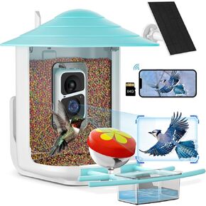 Careboda Bird Feeder with Camera, Motion Detection Auto Capture Videos, Smart AI Recognition Wild Bird Watching Camera Solar Powered Wirelss Outdoor with 64G SD Card, Ideal Gifts (Blue)