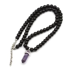 ElisaJewelryArt - Natural Pointed Onyx Pendant Natural Black Onyx Beaded Necklace Genuine Gemstone Strength Stone Clasp Closure Necklace Unisex Necklace (26, Black Onyx)