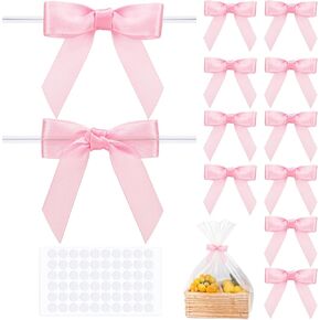 60 PCS Mini Pink Bows 2.5" Premade Pink Satin Ribbon Twist Tie Bows for Crafts, Wedding, Baby Shower, Bridal Shower, Birthday Cake, Baking, Gift Wrapping Decoration