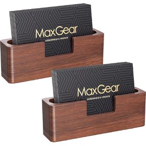 MaxGear Walnut Wood Business Card Holder for Desk, Elegant Wooden Display Stand, Curved Office Card Organizer, Professional Desktop Stand for Business Cards