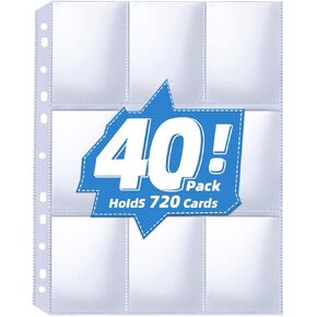 40 Pack 9 Pocket Card Sleeves Binder Sheets，Holds 720 Cards, Clear Trading Card Sleeve Pages Protector for 3 Ring Binder, Fit for Baseball,Football,Game,Business Cards