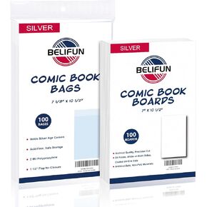 100ct Silver-Age Comic-Book-Bags and Boards - Reusable Comic Book Boards and Bags for Comic Book Storage, 1 1/2" Flap Comic Bags and Backing Boards, Clear Protector and Protection Board Cardboards