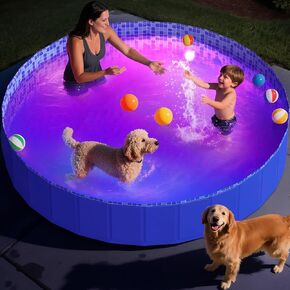 Foldable Dog Pool with RGB LED Light, 71" Collapsible Hard Plastic Kiddie Swimming Pool with Remote for Small Medium Large Doggie Kitty Puppy, Pet Bathing Tub Wading Pool for Dogs Blue