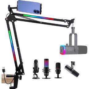 SUNMON RGB Boom Arm - Mic Arm With RGB Light, Adjustable 11 Light Modes, Microphone Boom Arm With Adapter Compatible with Fifine Microphone, Blue Yeti, HyperX QuadCast and Most Gaming Mic
